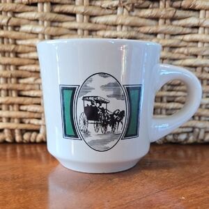 Vintage White Ceramic Coffee Mug with Green Accents Horse And Buggy